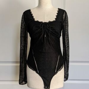 Jonathan Simkhai Intermix Bodysuit Lace Thong Long Sheer Sleeves Black M NWT